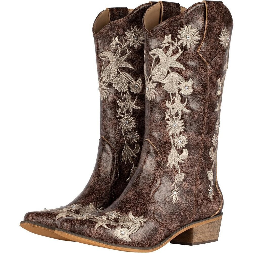 Women's Rhinestones Unique Embroidery Mid Wide Calf Snip Toe Brown Western Boots